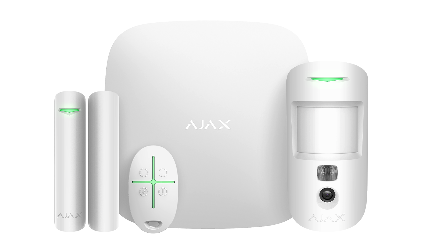 Ajax wireless alarm kit in white: hub, MotionCam, door contact and key fob