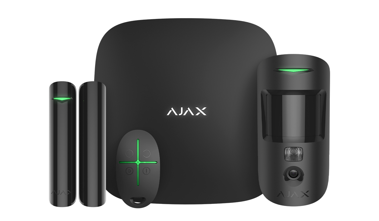 Ajax wireless alarm kit in black: hub, MotionCam, door contact and key fob
