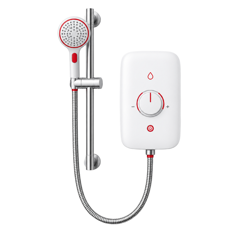 Electric shower with a shower head and riser rail